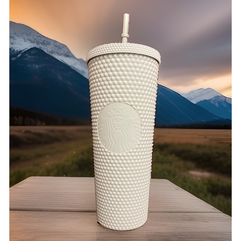 Starbucks Cool Grey Matte Diamond Studded Tumbler W/Straw NEW Cold Cup 24Oz Fun